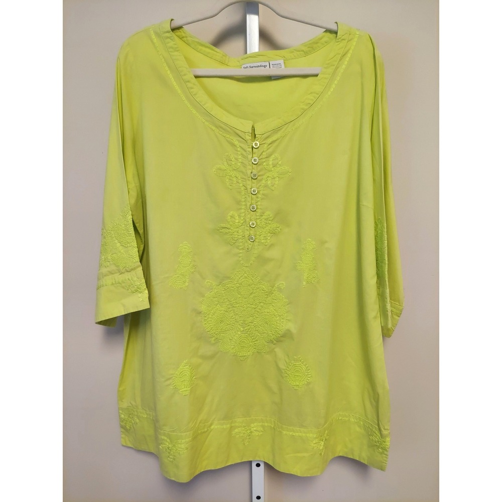 Soft Surroundings Embroidered Cotton Tunic Blouse 1X Henley 3/4 Sleeve Boho